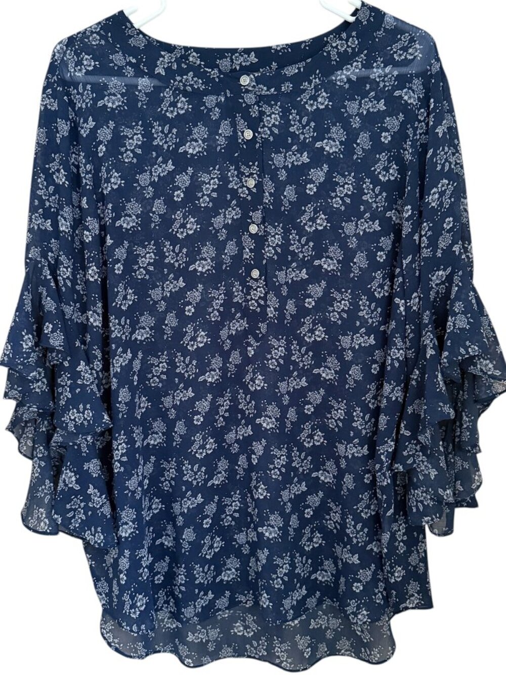 Vince Camuto Blue Floral Chiffon Top Sz XL Ruffle Tiered Sleeve Cottagecore Boho
